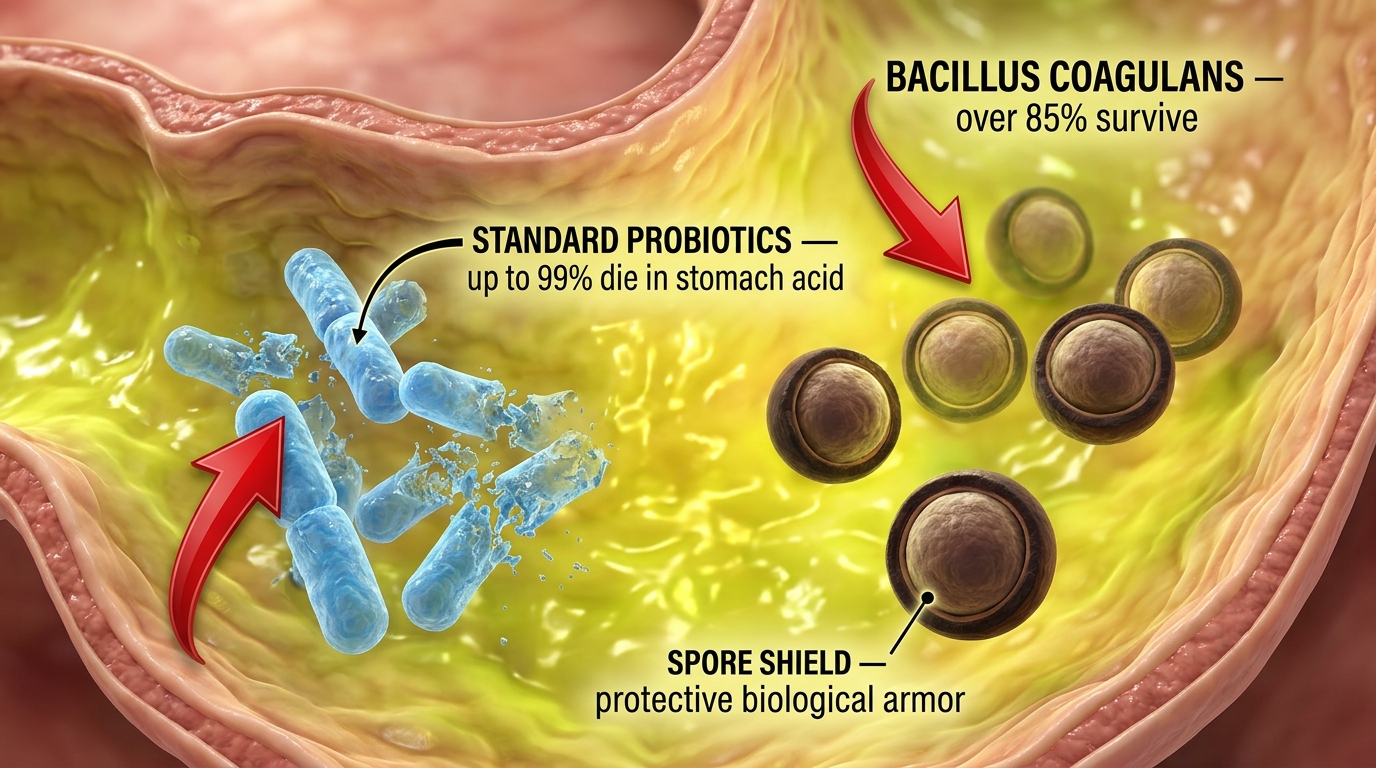 Bacillus coagulans survives stomach acid — over 85% reach your gut alive