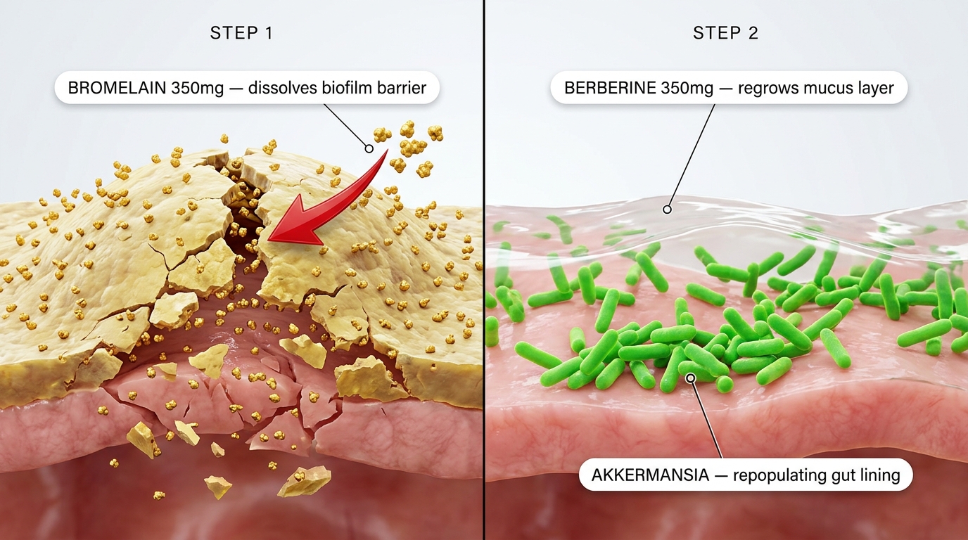 Step 1: Bromelain breaks biofilm. Step 2: Berberine regrows Akkermansia.