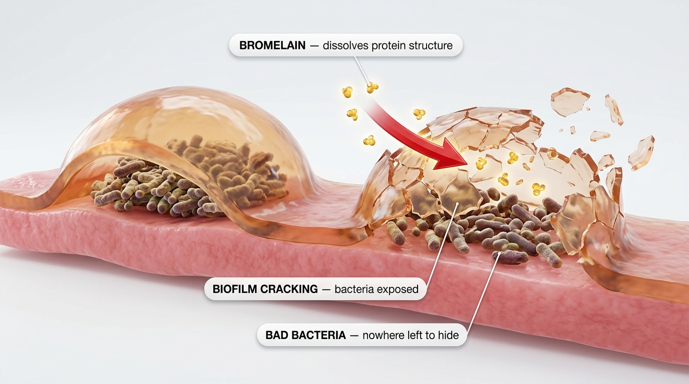 Bromelain breaks down the protein structure of the biofilm so the bacteria have nowhere left to hide.
