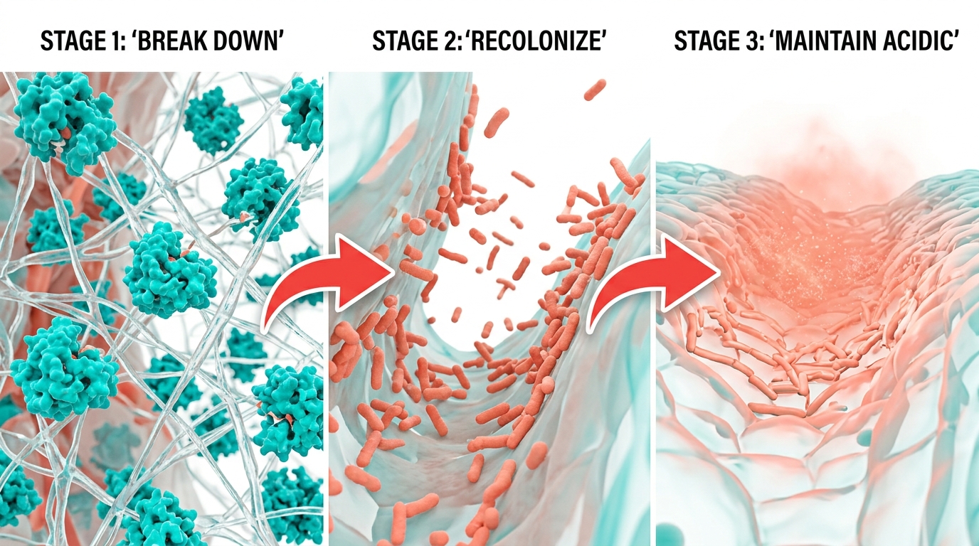 The two-step protocol: dissolve the biofilm, then recolonize with spore-forming probiotics.