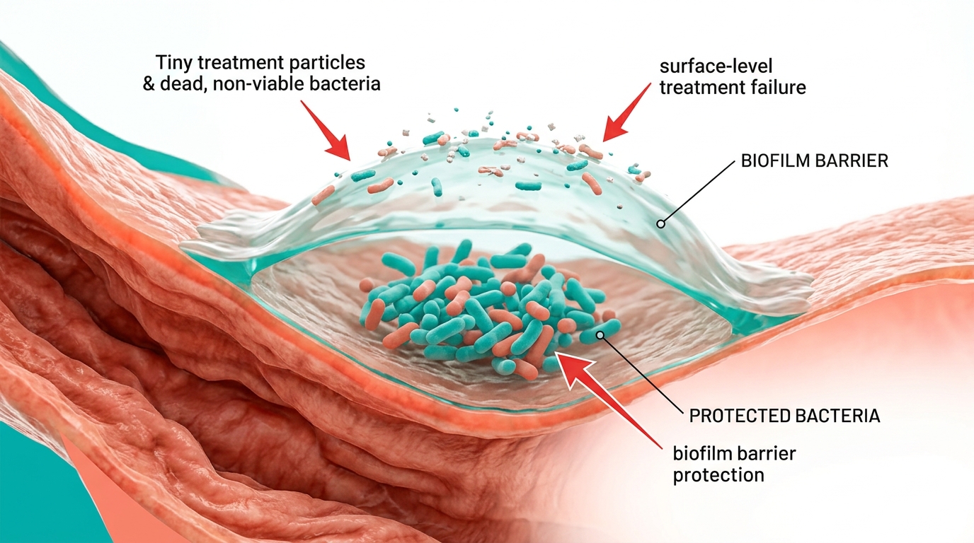The biofilm is built into the tissue — surface treatments cannot reach the bacteria underneath.