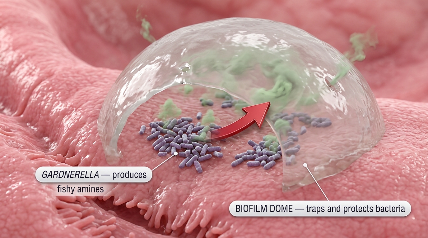 Gardnerella vaginalis bacteria producing fishy-smelling amines under biofilm protection