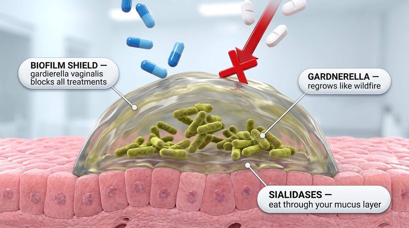The biofilm shields bad bacteria — antibiotics and probiotics can't penetrate it