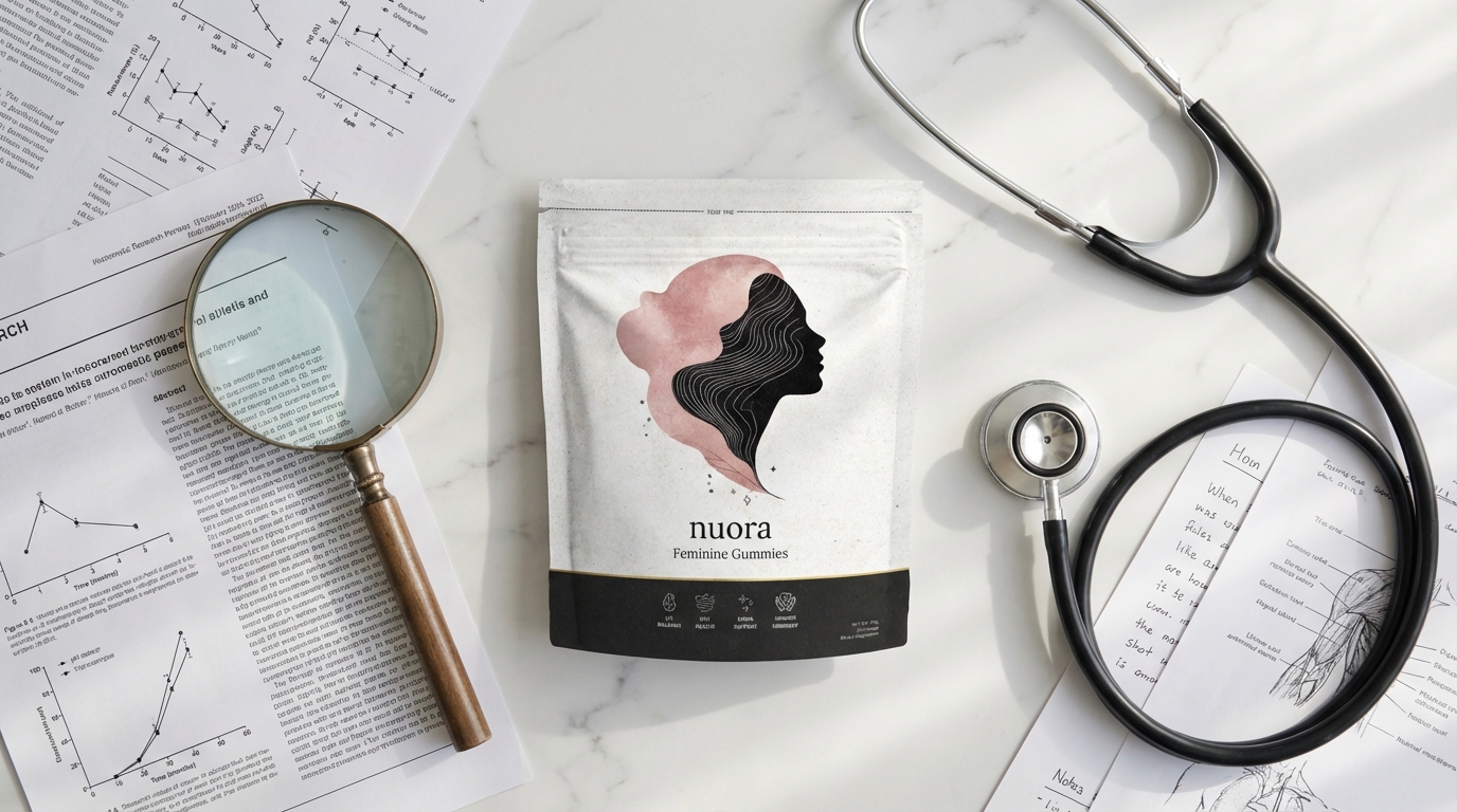 Nuora Feminine Balance Gummies under medical review with stethoscope and magnifying glass