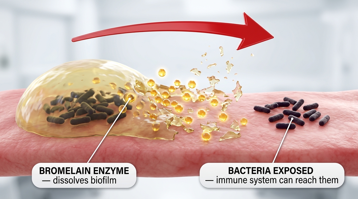 Bromelain from pineapple stems dissolves the biofilm barrier