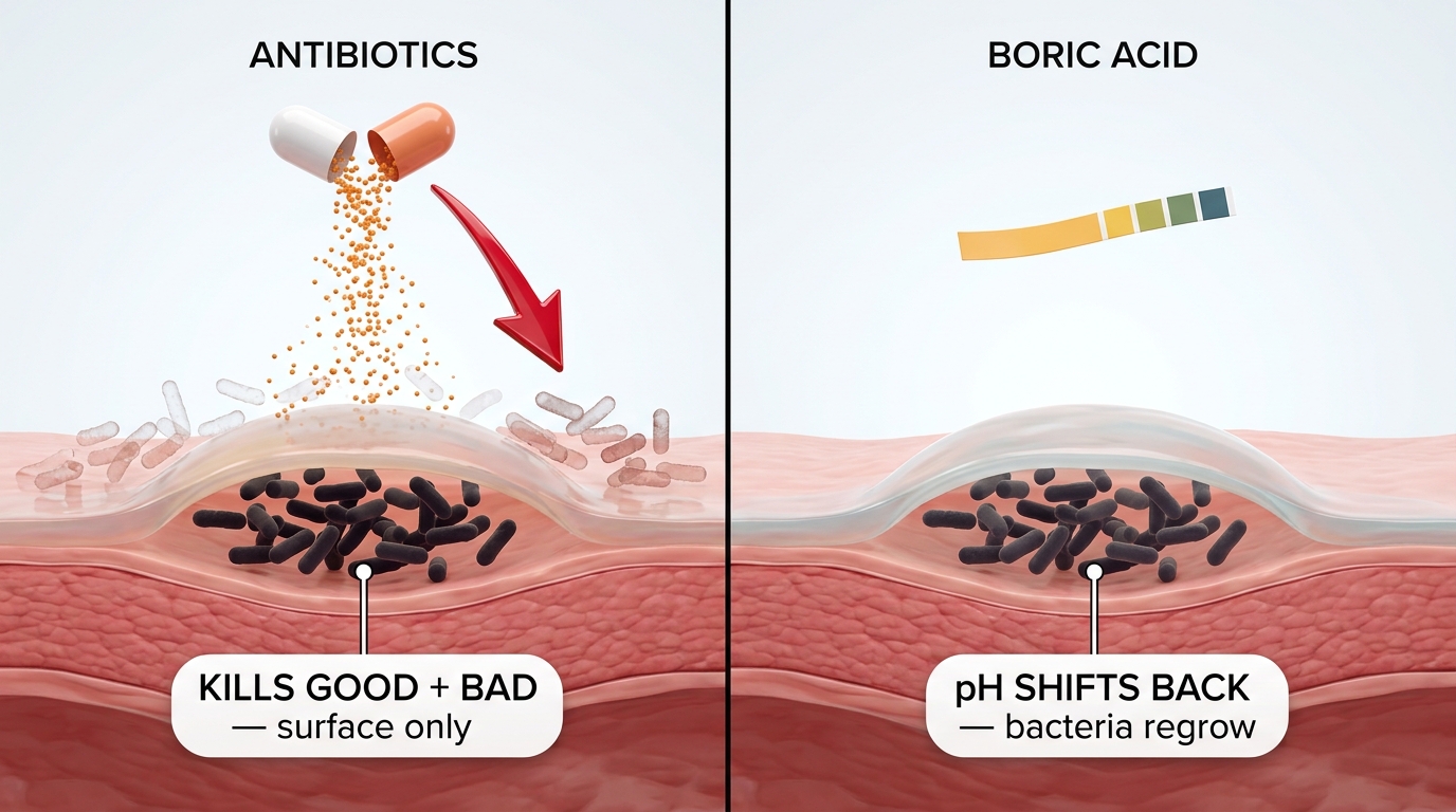 Both antibiotics and boric acid fail because the biofilm was never addressed