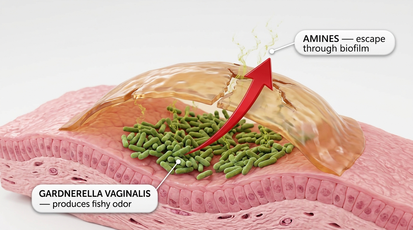 Gardnerella vaginalis bacteria build biofilm colonies that produce fishy-smelling amines