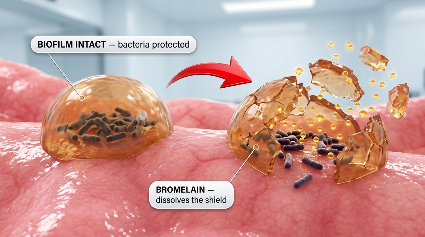 Bromelain breaks down the protein structure of the biofilm so the bacteria have nowhere left to hide.