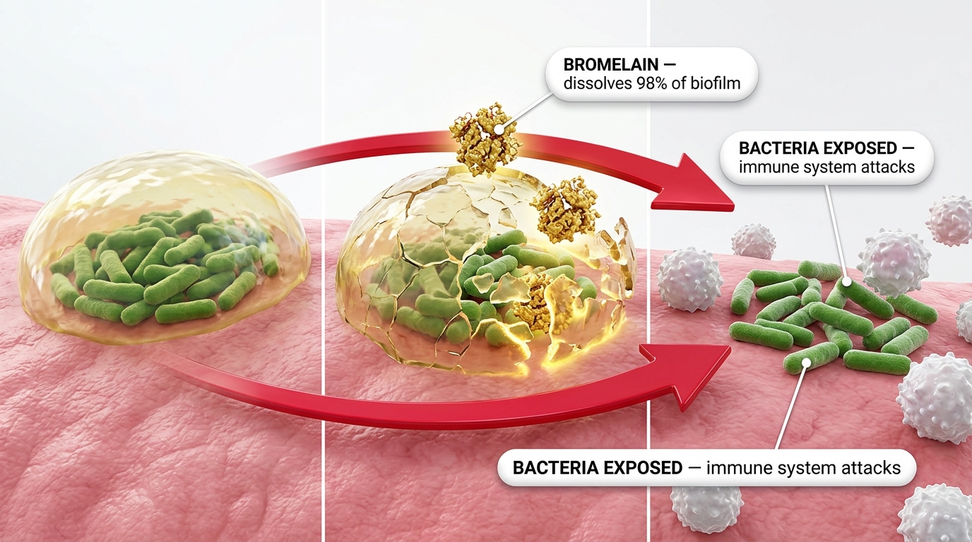 Bromelain from pineapple stems dissolves the biofilm shield, exposing bacteria