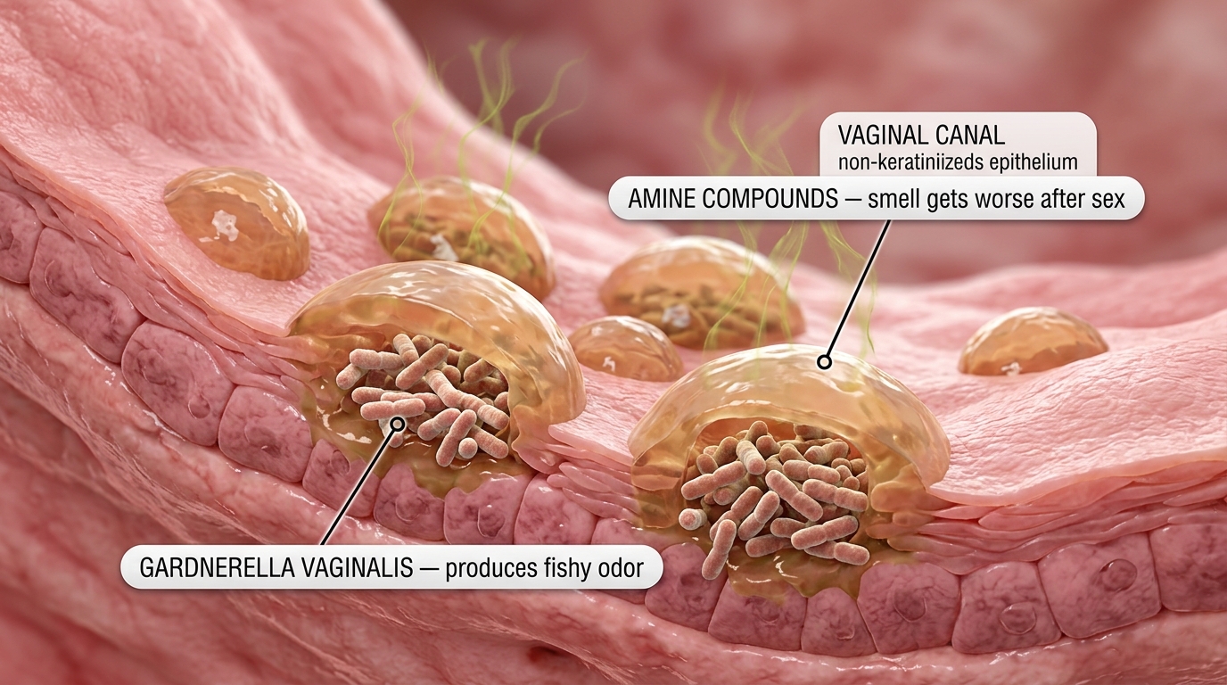Gardnerella vaginalis bacteria build biofilm colonies that produce the fishy odor