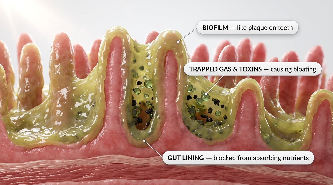 Biofilm traps gas and toxins like plaque on teeth