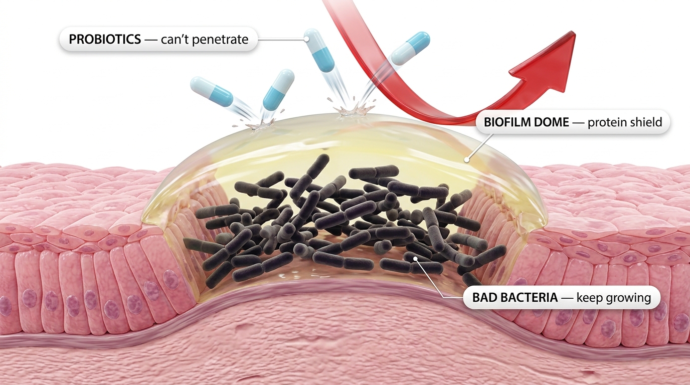 Probiotics bounce off the biofilm — they never reach the bacteria underneath