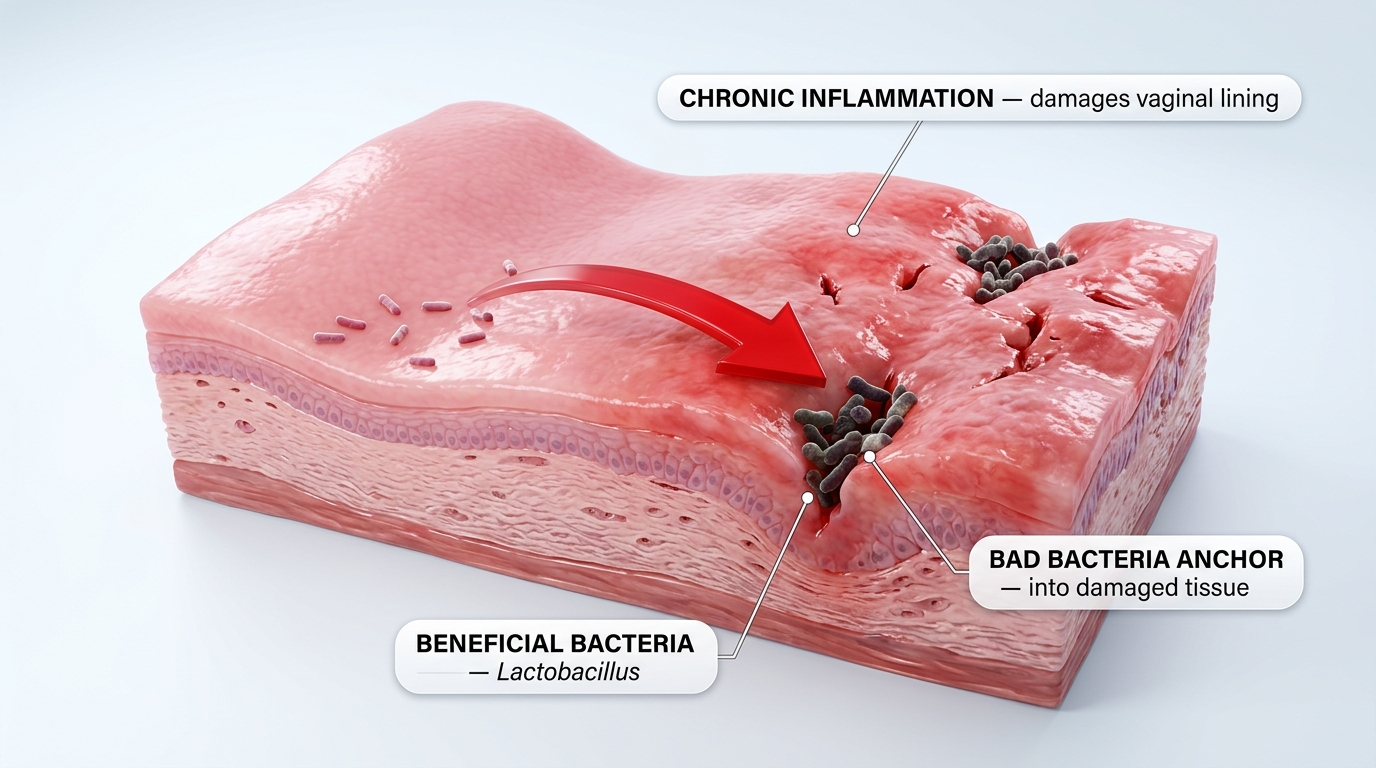 Chronic inflammation damages the vaginal lining — making it easier for bad bacteria to anchor.