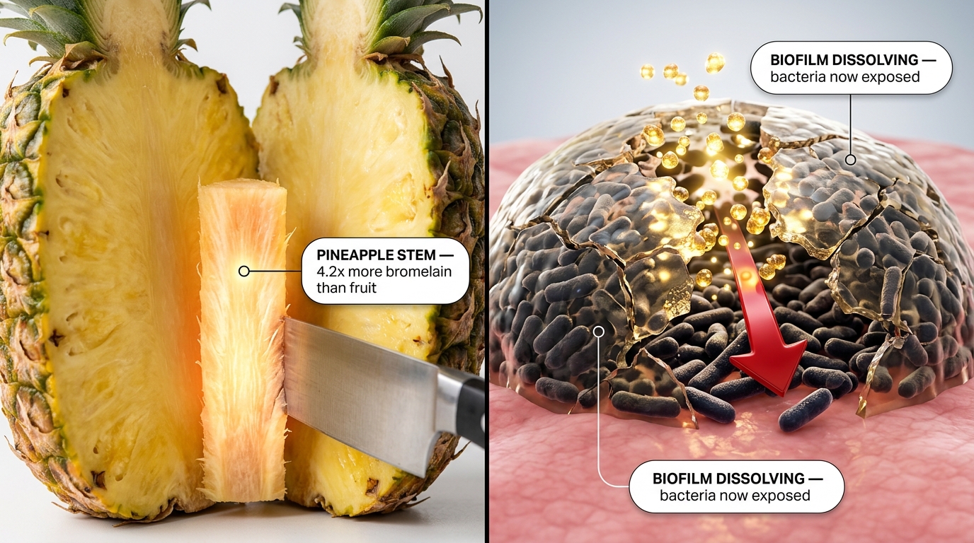 Stem-derived bromelain dissolves the biofilm that eating pineapple fruit can't touch