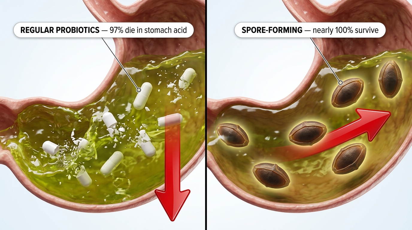 Regular probiotics vs. spore-forming probiotics — survival through stomach acid