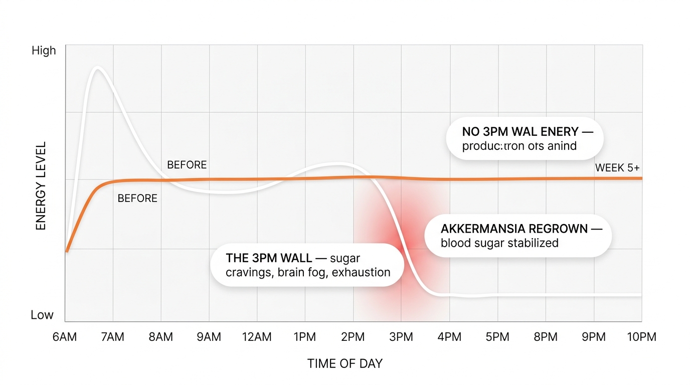 Steady energy all day once Akkermansia regrows and blood sugar stabilizes.