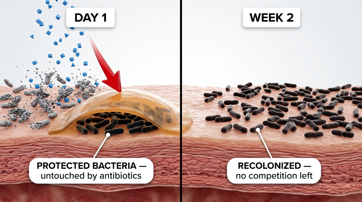Antibiotics kill surface bacteria but can't reach what's hiding under the biofilm