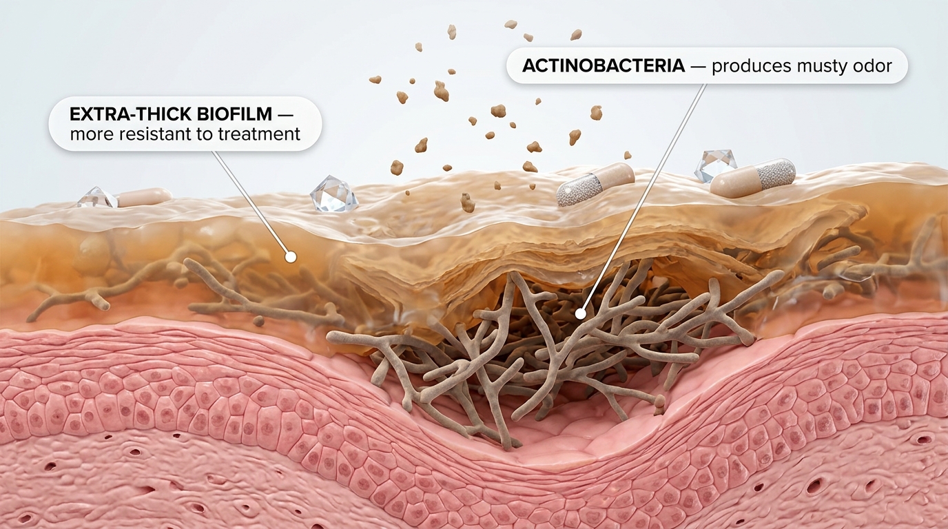 Actinobacteria produce extra-thick biofilm that's even more resistant to standard treatments