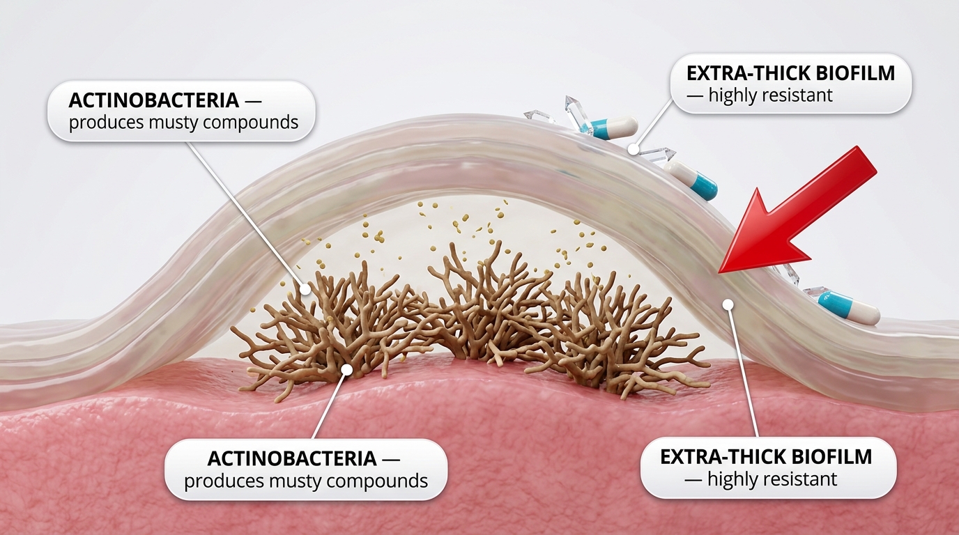Actinobacteria produce extra-thick biofilm that is even more resistant to standard treatments