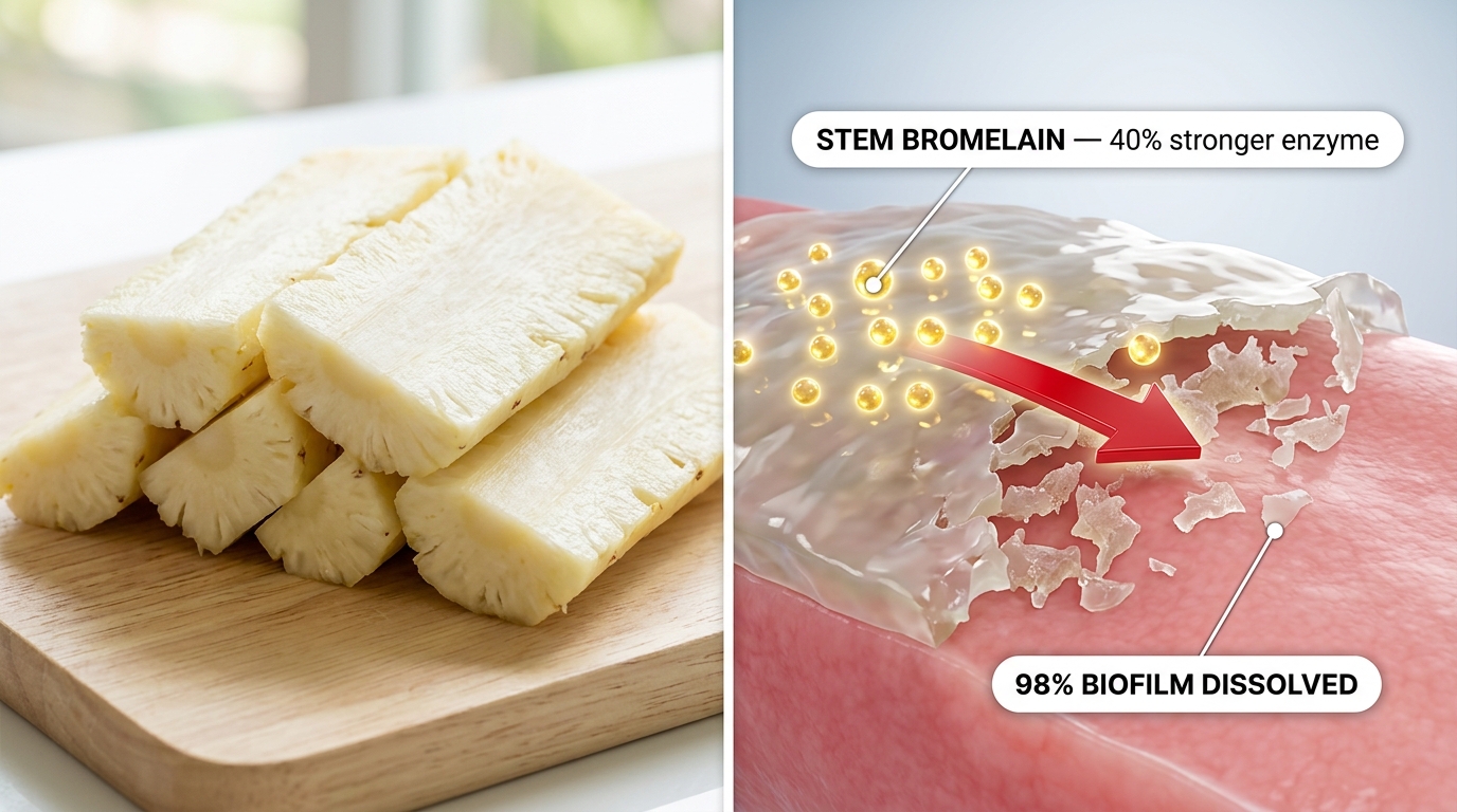 Queen pineapple stems contain the highest concentration of biofilm-dissolving bromelain