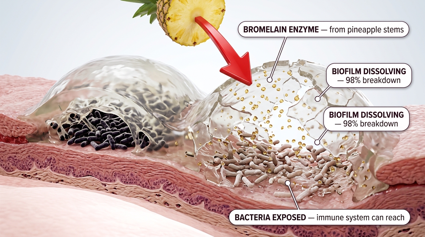 Bromelain from pineapple stems dissolves the biofilm, exposing bacteria for the first time
