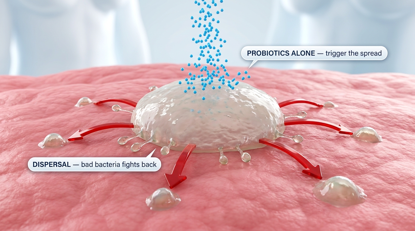 Dispersal: probiotics without biofilm breakdown make the problem spread further
