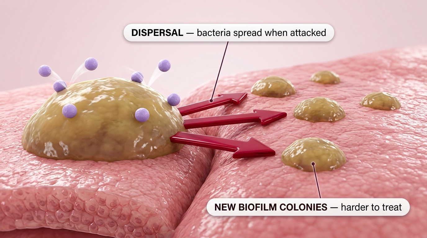 Dispersal: when probiotics attack biofilm without breaking it, the problem spreads