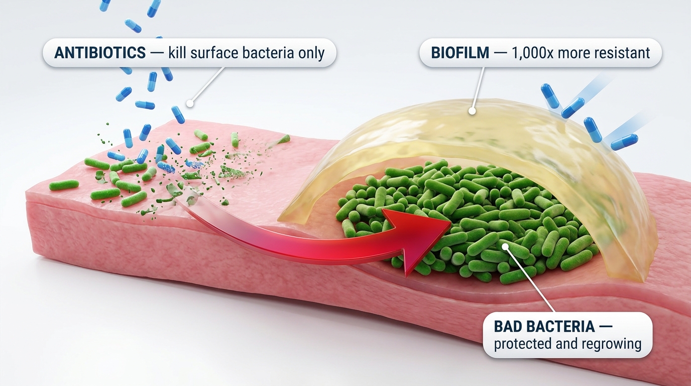 Antibiotics clear the surface but can't reach bacteria protected under the biofilm