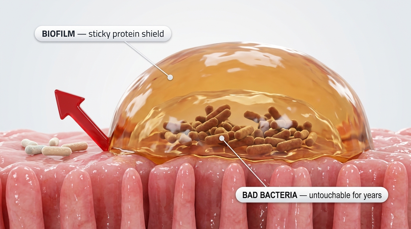 The biofilm coating that shields bad bacteria from everything — probiotics, diet changes, all of it.