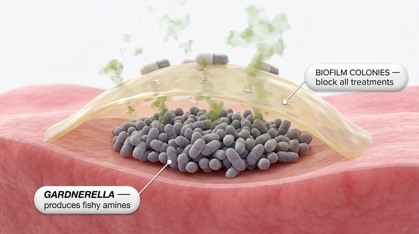 Gardnerella vaginalis bacteria thrive under biofilm, producing the compounds that cause fishy odor