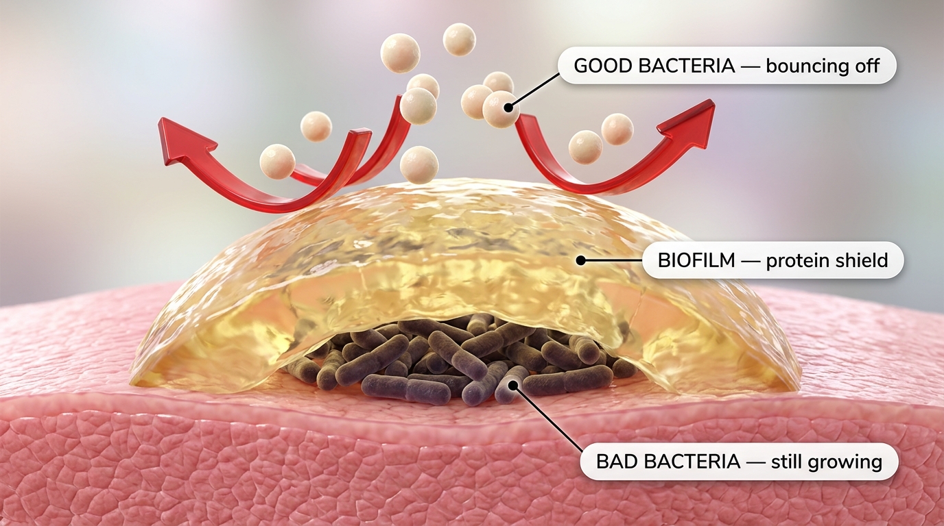 Probiotics cannot penetrate the biofilm barrier protecting bad bacteria