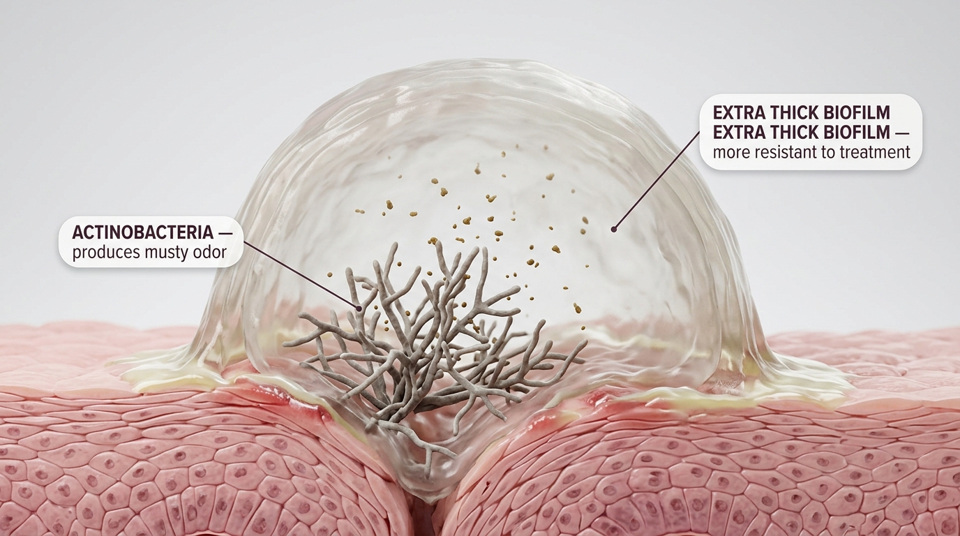 Actinobacteria produce musty waste compounds under particularly thick biofilm