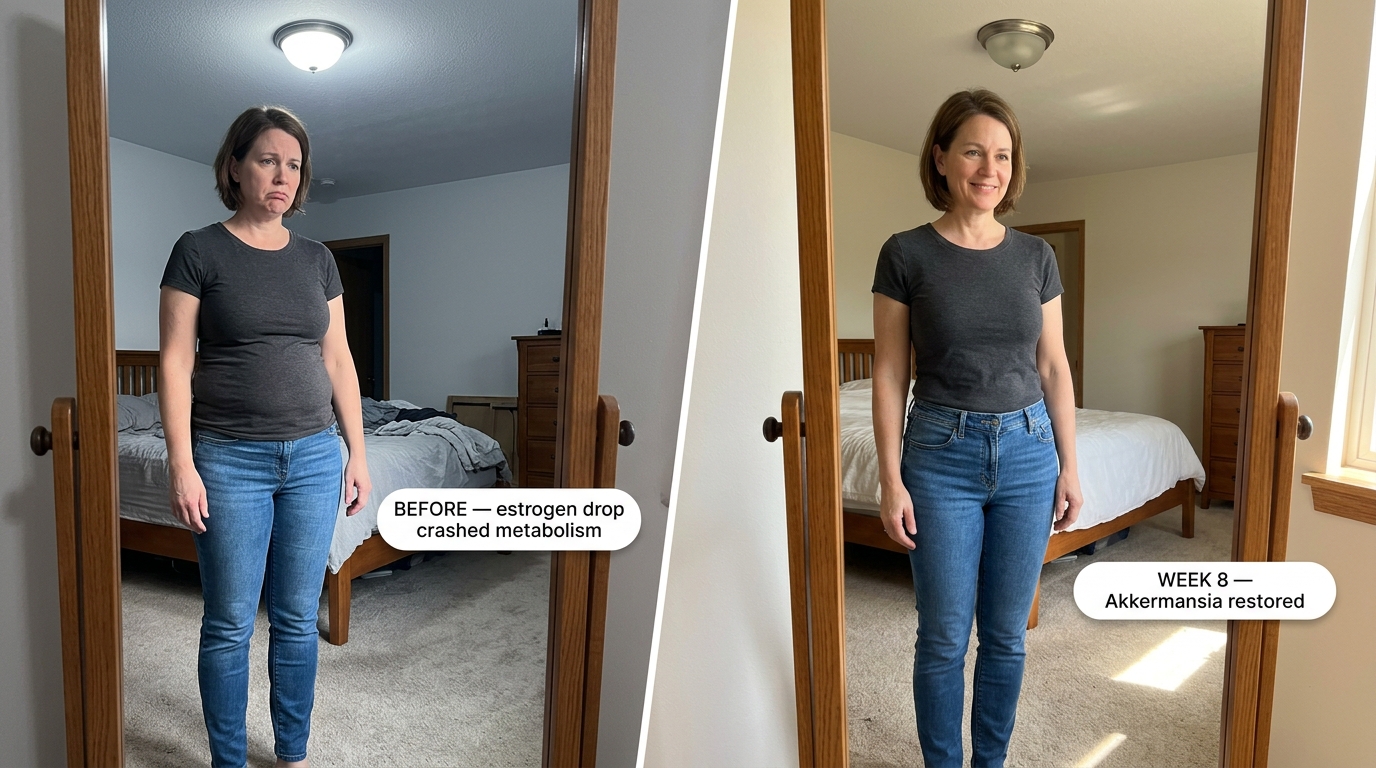 The same woman, 8 weeks apart — same outfit, different body.