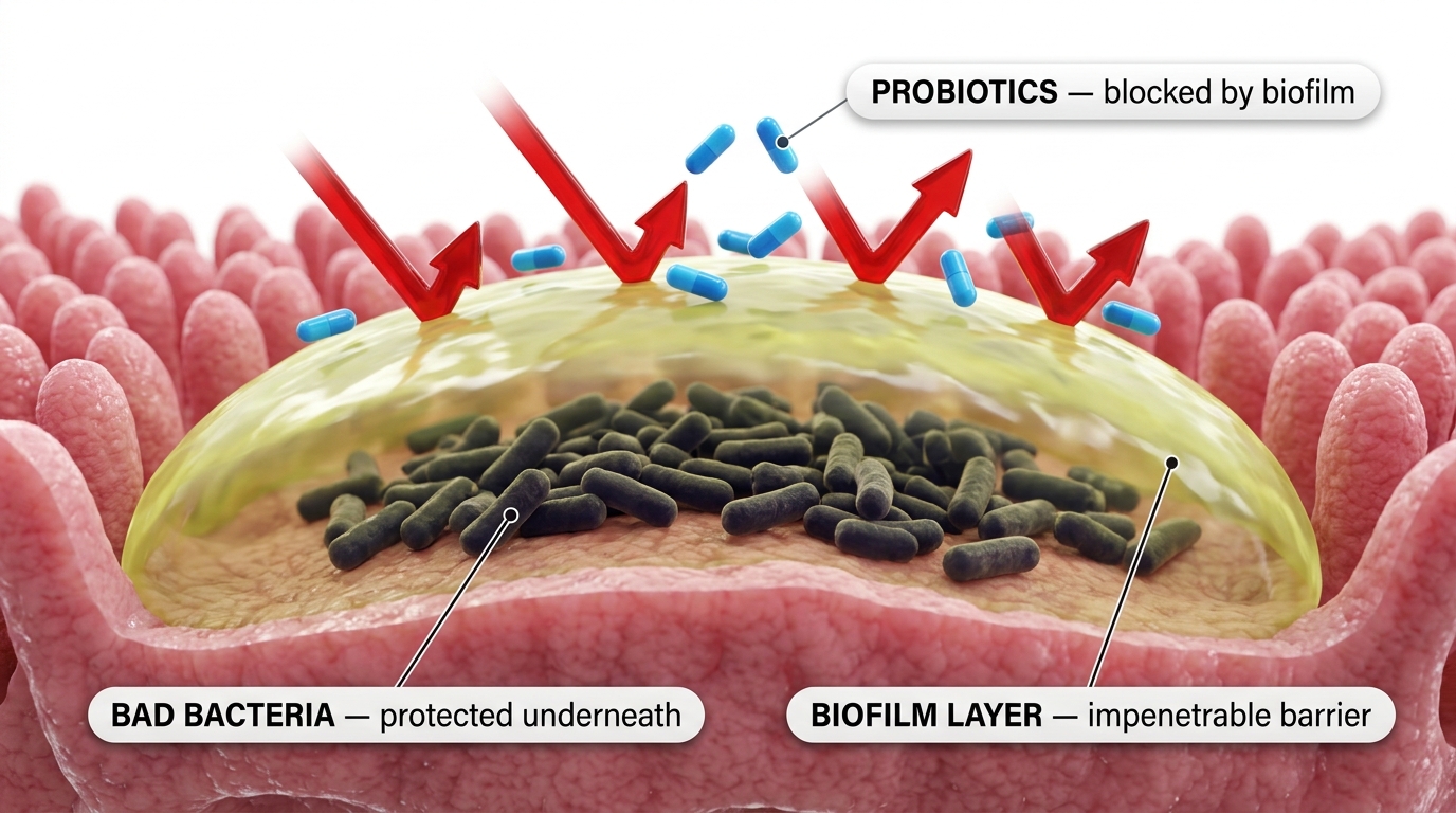 Probiotics can't penetrate the biofilm shield